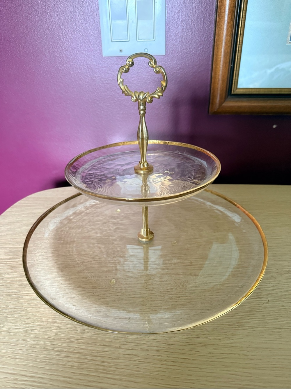 Gold Trim Glass Two-Tier Serving Stand